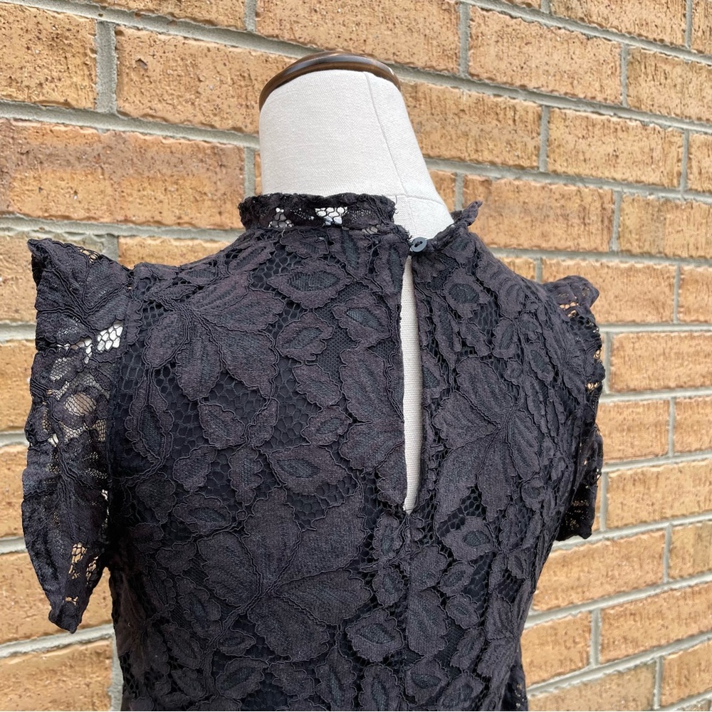 H&M Black High Neck Short Sleeve Lace Blouse Size XS Work Office Corporate - Picture 2 of 7